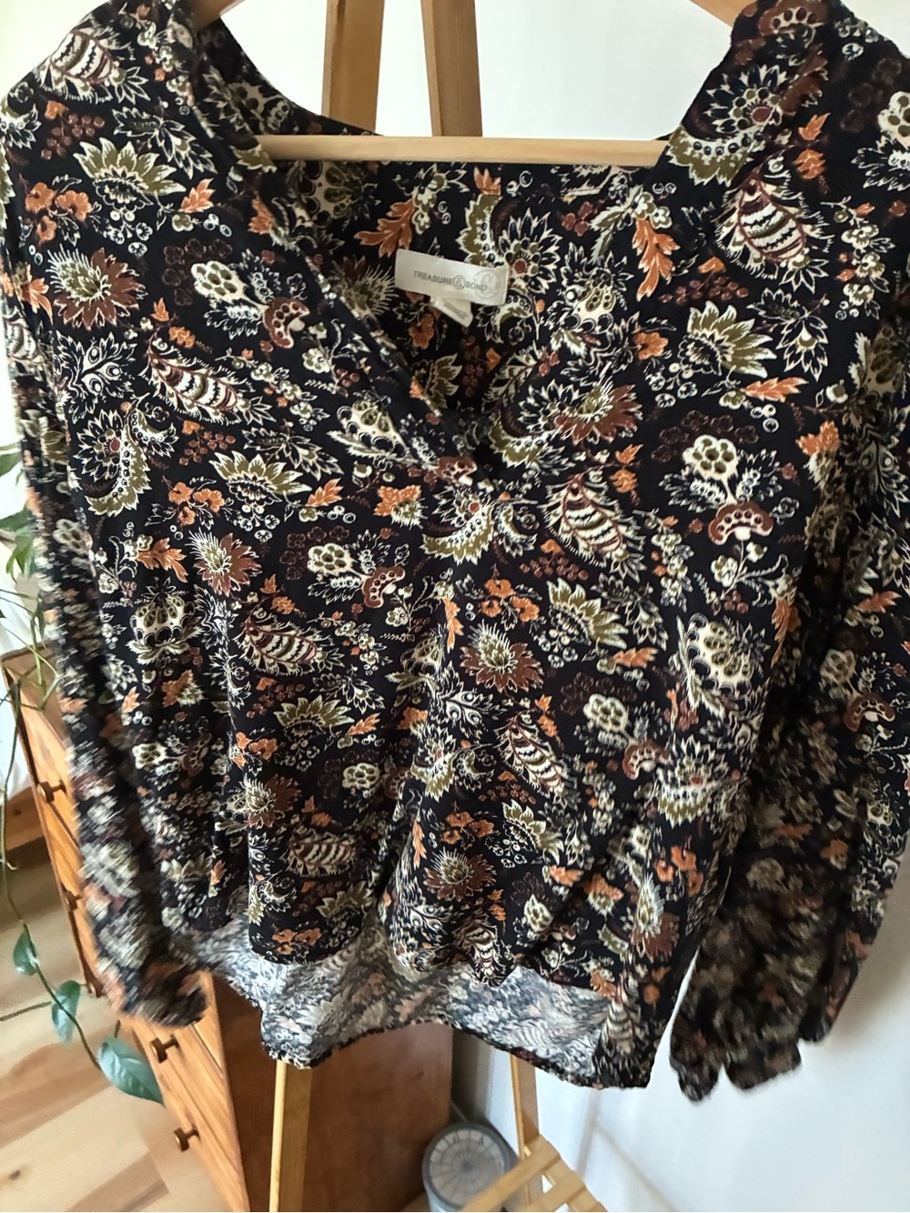 Treasure & Bond Black Blouse with Cream and Rust Floral Print